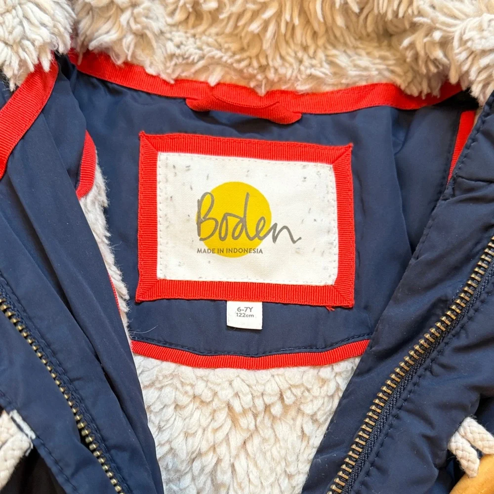 Mini Boden Cozy Navy Kids Jacket with Faux Fur Hood 6-7Y C5-039